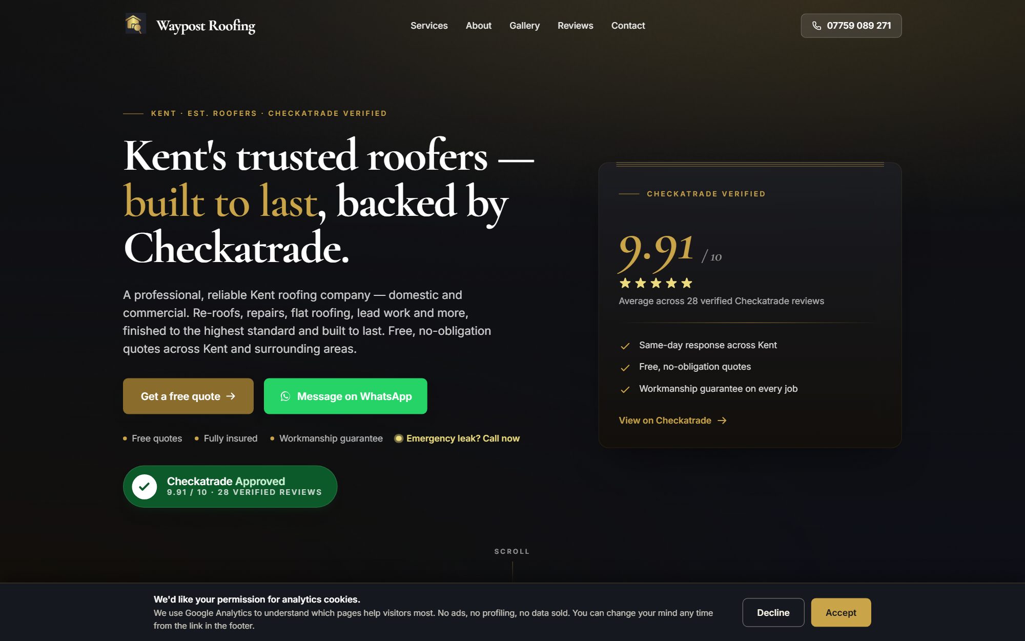 Waypost Roofing homepage preview